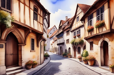 Fototapeta na wymiar Watercolor urban landscape. An old medieval street in a European town