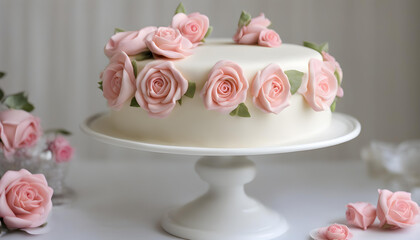 Obraz na płótnie Canvas Ivory fondant covered cake with pink sugar roses on cake stand