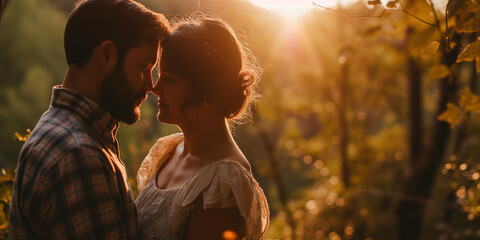 Couple in a tender embrace in the forest, sunlight streaming through the trees, creating a magical golden hour moment