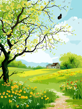 Spring landscape, picture of a field with a house in the distance, naive art, landscapes, aerial landscape, vector