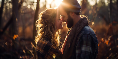 Fototapeta premium Couple in a cozy embrace amidst the woods, sunlight flaring through the trees, casting a dreamy glow on their moment