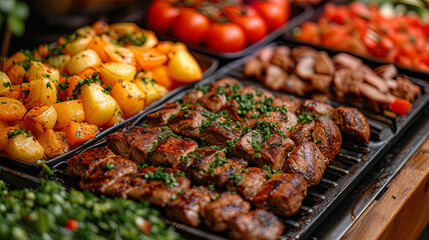 Restaurant catering provides a buffet with grilled meat for a buffet at any festive eve