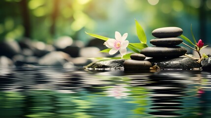 Zen stones, bamboo, flower and water in a peaceful zen garden, relaxation time, wellness and harmony, massage, spa and bodycare concept
