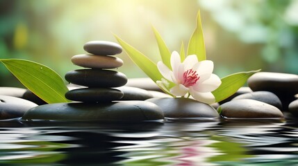 Zen stones, bamboo, flower and water in a peaceful zen garden, relaxation time, wellness and harmony, massage, spa and bodycare concept