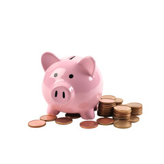 Money Saving Coins in Pink Piggy Bank, Isolated on Transparent Background, PNG