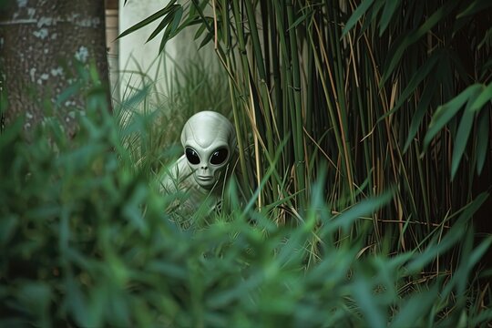 grey alien hiding in backyard