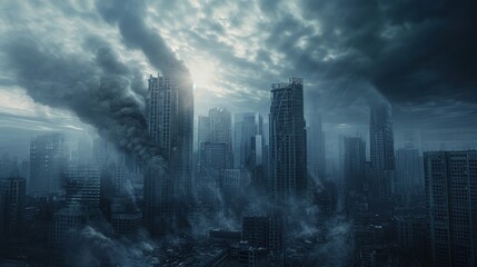 A post-apocalyptic metropolis rises against a backdrop of ominous clouds. Gray skyscrapers stand as remnants of a once-vibrant urban landscape.