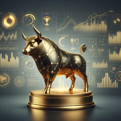 Bull Amidst Golden Financial Graphs