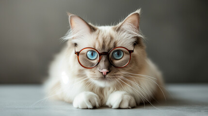 Fototapeta premium Portrait of a Ragdoll Cat with Glasses 