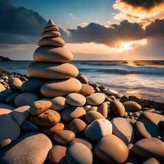 Pyramid of stones by the shore at Sunset