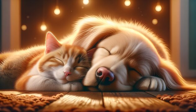 Un chaton et un chien, adorables animaux de compagnie, dorment paisiblement. Leur fourrure douce et leur apparence domestique ajoutent à la scène un charme unique. Une image mignonne et touchante.