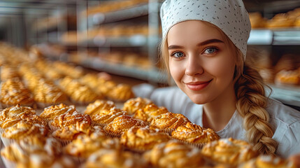 The bakerwoman is engaged in the manufacture of various types of desserts on the production li - obrazy, fototapety, plakaty