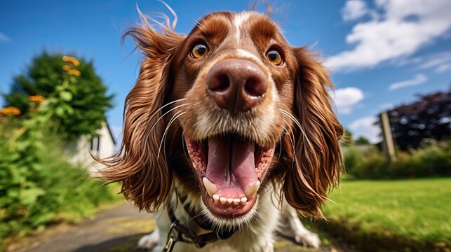 Happy and smiling Spaniel is frolicking in the summer cottage. The dog smiles and looks at the camera. I am a banner with an empty space for text.Happy Dog Summer