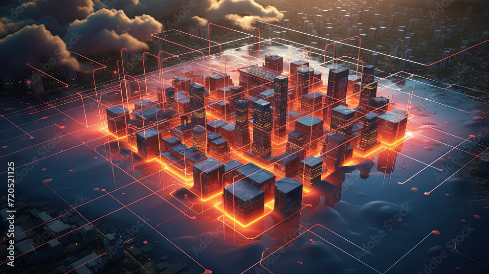 Aufkleber concept of a digital city with cloud connections. futuristic network in the clouds.