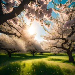 Spring blossom background. Nature scene with blooming tree and sun flare. Spring flowers. Beautiful orchard 