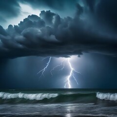 Lightning, thunder, and storms. Storm near the coast, ominous skies, heavy clouds, lightning, and large waves during a stormy day
