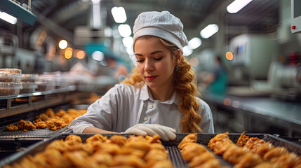 The factory worker puts the chicken in place in pla - obrazy, fototapety, plakaty