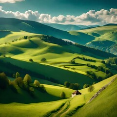 view of Romania's stunning landscape. bright afternoon. Beautiful mountain scenery in the spring. undulating hills and a meadow