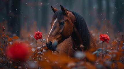 The image of a horse with a rose in the teeth in the style of anthropomo