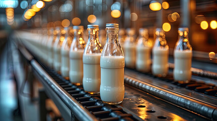 The interior space of the production line of drinks, where glass bottles with milk are located on the convey - obrazy, fototapety, plakaty