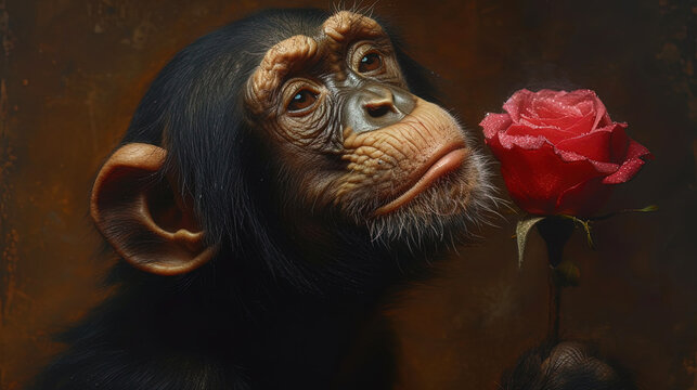 The image of a monkey with a rose in the hand in an anthropomorphic interpre