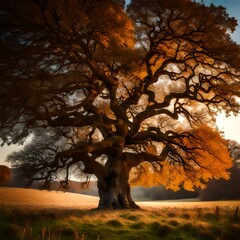 magnificent oak tree at dusk in autumn