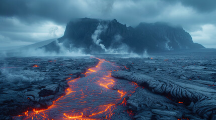 The lava desert with endless stripes of frozen lava and ash