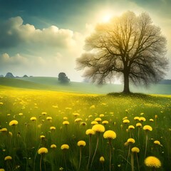 Gorgeous meadow field with yellow dandelion blossoms and new grass in the natural world set against a cloudy, hazy blue sky.