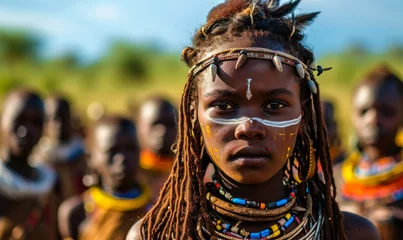 Abwaschbare Tapeten Heringsdorf, Deutschland Young indigenous African girl with traditional face paint and tribal attire stands resolutely, her gaze piercing, against a backdrop of her community members