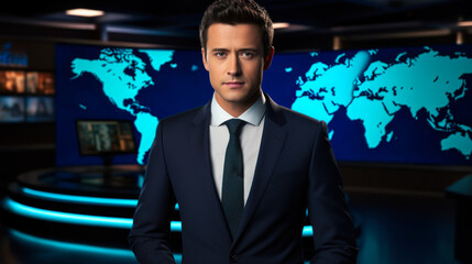 Confident male news anchor reporting live from the broadcasting studio with a world map background, representing global news coverage
