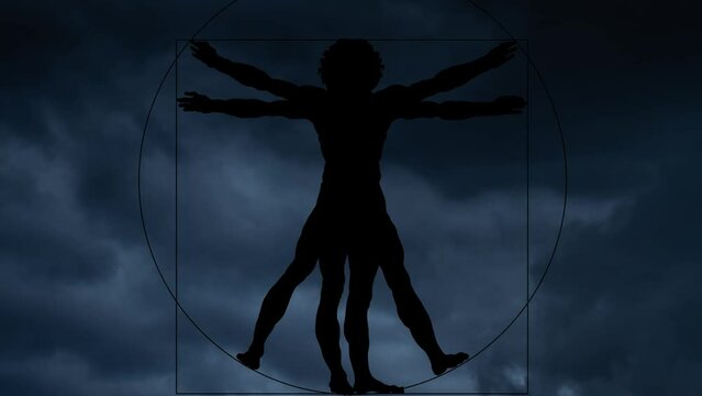 Lightning and Thunderstorm Flash over the Human Anatomy Symbol Vitruvian Man, Drawing of Leonardo da Vinci