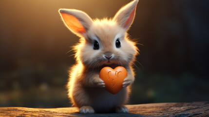 Obraz premium Cute fluffy rabbit hugging red heart. Valentine's Day greetings from romantic bunny holding heart. Generative AI.