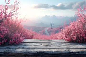 A wooden table with a vibrant display of pink flowers contrasts against the backdrop of a lush forest.