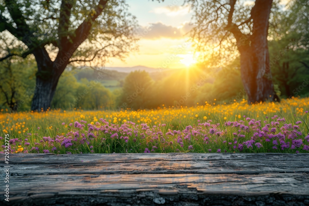 Poster A beautiful sunset casts a golden glow on a field filled with colorful flowers and tall trees.