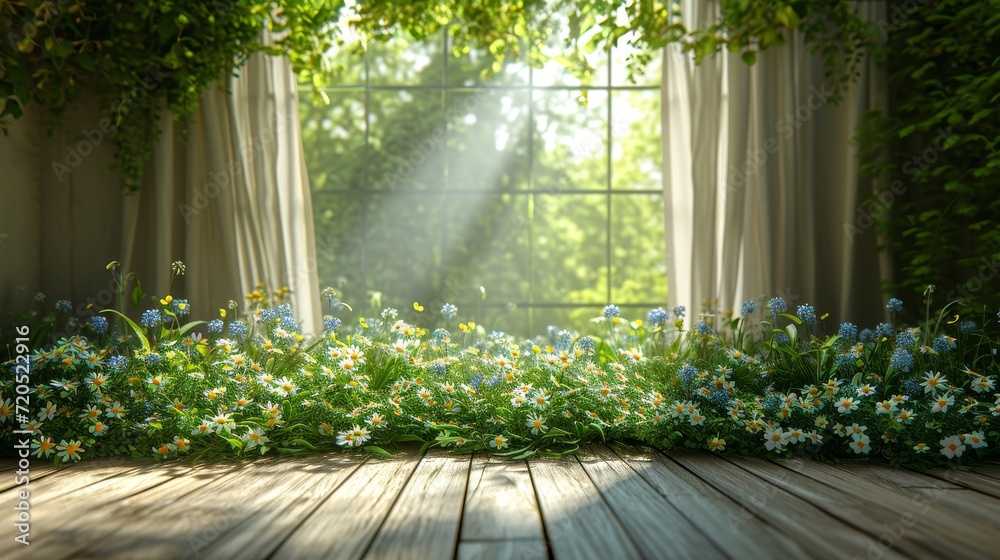 Poster a room with a large wooden floor and a window featuring natural light shining through.