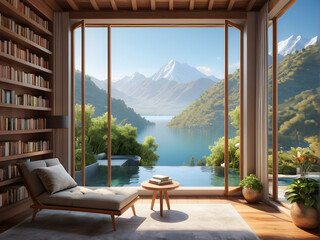 Tranquil Literary Retreat: Secluded Villa's Lakeside Book Corner. generative AI