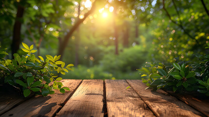An empty wooden table for product display. Empty wooden table in the forest with sunlight and bokeh background.