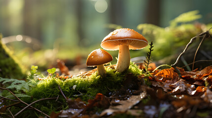 Mushrooms in the forest, macro, selective focus. Mushrooms growing in the forest on mossy ground with sunlight	