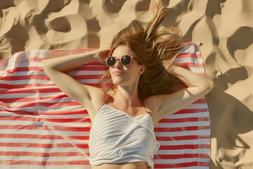 A young woman, sporting sunglasses and flowing brown hair, lies on a beach towel at the seashore
