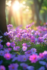 Obraz premium A vibrant field full of purple flowers growing alongside a sturdy tree under a clear blue sky.