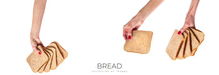 Hand with square slices of whole wheat bread, healthy food. Isolated on white background.