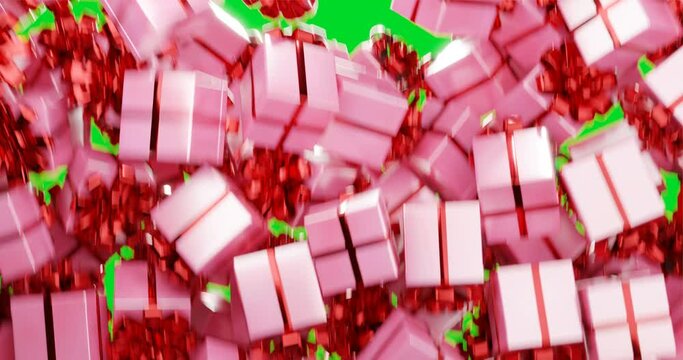 Pink gift boxes with ribbons fall, covering the entire green screen. Video transition