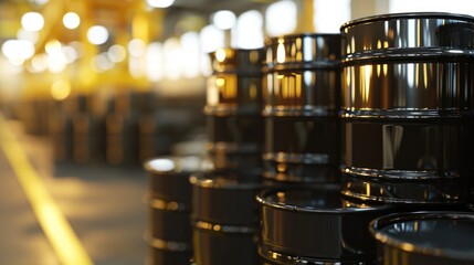 Metal barrel for black oil on blurred background. Chemical storage for petroleum products