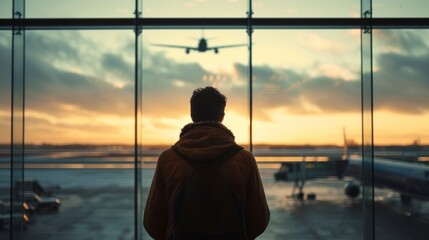 man on his back with a backpack waiting for a plane in a large airport with real airplanes in the background