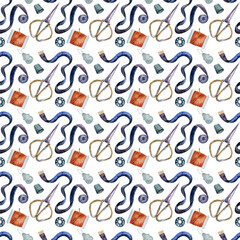 Watercolor seamless pattern with a set of accessories for embroidery and sewing
