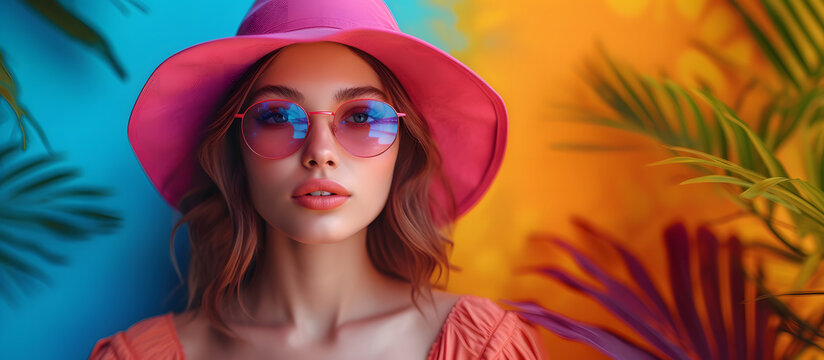 Portrait of beautiful girl in hat and sunglasses on colorful background. Fashion portrait of a beautiful young woman in sunglasses on a yellow summer background. Beauty, fashion. - Powered by Adobe