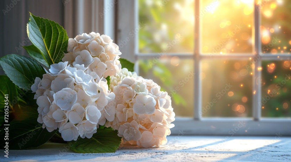 Canvas Prints A bouquet of white hydrangea flowers elegantly arranged in a vase placed in front of a window, creating a serene and natural ambiance.