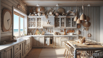Beach house kitchen with light-colored cabinets, driftwood accents, and seashell decor - obrazy, fototapety, plakaty