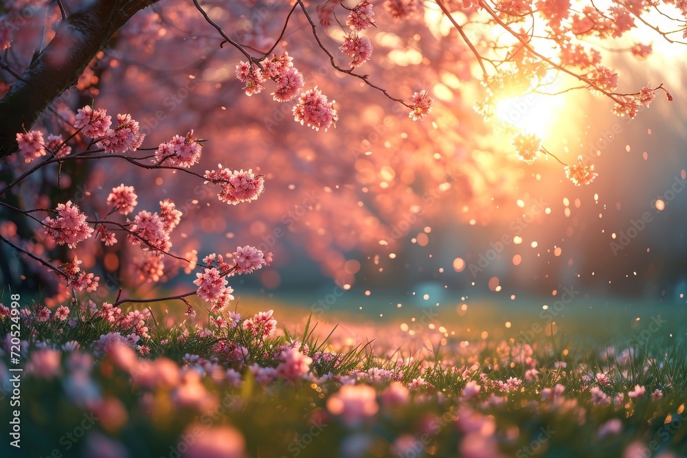 Poster a field filled with pink flowers, with a tree in the background, creating a beautiful natural landsc