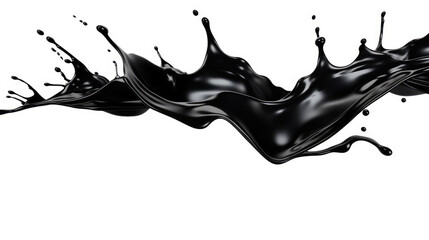 Black spilled flying fluid isolated on white background. Petroleum liquid concept